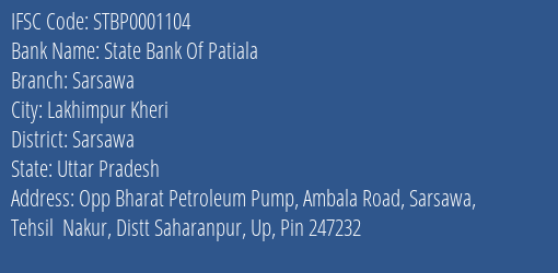 State Bank Of Patiala Sarsawa Branch Sarsawa IFSC Code STBP0001104