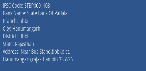 State Bank Of Patiala Tibbi Branch IFSC Code