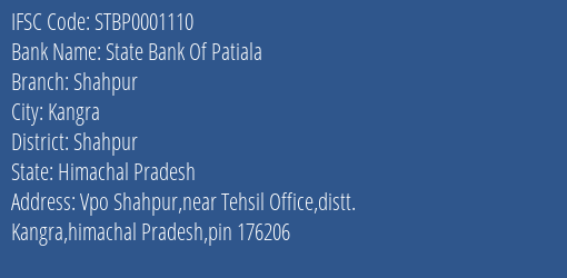 State Bank Of Patiala Shahpur Branch Shahpur IFSC Code STBP0001110