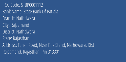 State Bank Of Patiala Nathdwara Branch Nathdwara IFSC Code STBP0001112