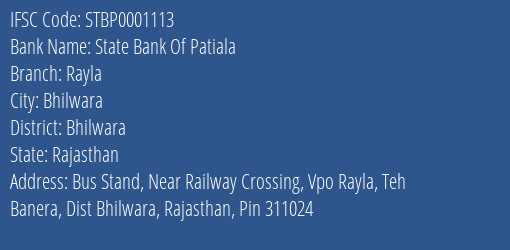 State Bank Of Patiala Rayla Branch Bhilwara IFSC Code STBP0001113