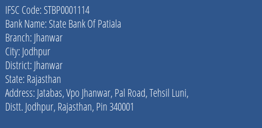 State Bank Of Patiala Jhanwar Branch Jhanwar IFSC Code STBP0001114