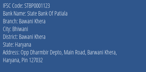 State Bank Of Patiala Bawani Khera Branch Bawani Khera IFSC Code STBP0001123