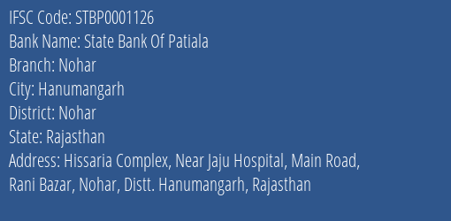 State Bank Of Patiala Nohar Branch Nohar IFSC Code STBP0001126