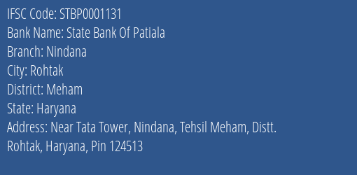State Bank Of Patiala Nindana Branch Meham IFSC Code STBP0001131