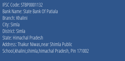 State Bank Of Patiala Khalini Branch Simla IFSC Code STBP0001132