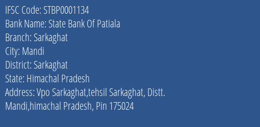 State Bank Of Patiala Sarkaghat Branch Sarkaghat IFSC Code STBP0001134