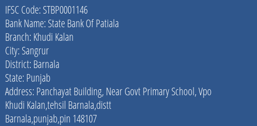 State Bank Of Patiala Khudi Kalan Branch, Branch Code 001146 & IFSC Code STBP0001146
