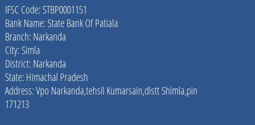 State Bank Of Patiala Narkanda Branch Narkanda IFSC Code STBP0001151