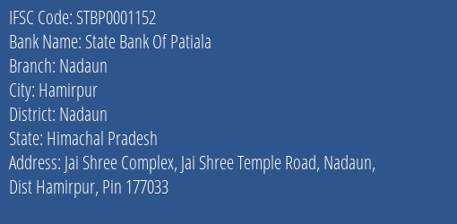 State Bank Of Patiala Nadaun Branch Nadaun IFSC Code STBP0001152