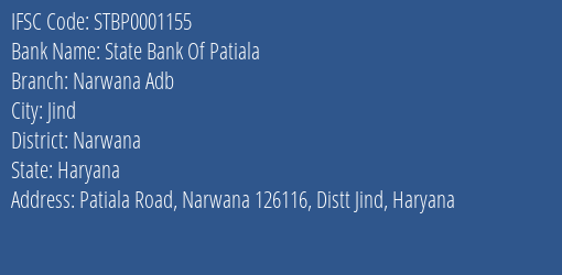 State Bank Of Patiala Narwana Adb Branch Narwana IFSC Code STBP0001155
