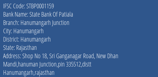 State Bank Of Patiala Hanumangarh Junction Branch Hanumangarh IFSC Code STBP0001159