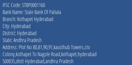 State Bank Of Patiala Kothapet Hyderabad Branch Hyderabad IFSC Code STBP0001160