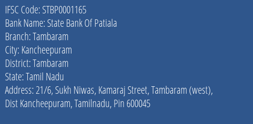 State Bank Of Patiala Tambaram Branch Tambaram IFSC Code STBP0001165