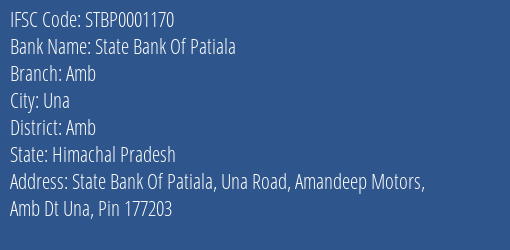 State Bank Of Patiala Amb Branch Amb IFSC Code STBP0001170