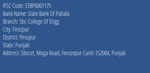 State Bank Of Patiala Sbc College Of Engg Branch, Branch Code 001175 & IFSC Code STBP0001175