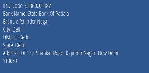 State Bank Of Patiala Rajinder Nagar Branch Delhi IFSC Code STBP0001187