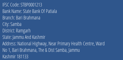 State Bank Of Patiala Bari Brahmana Branch Ramgarh IFSC Code STBP0001213