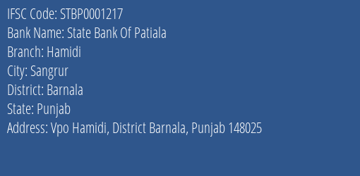State Bank Of Patiala Hamidi Branch, Branch Code 001217 & IFSC Code STBP0001217