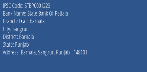 State Bank Of Patiala D.a.c.barnala Branch, Branch Code 001223 & IFSC Code STBP0001223