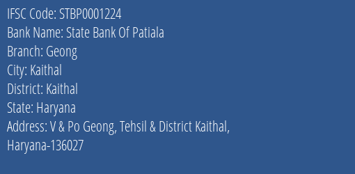 State Bank Of Patiala Geong Branch Kaithal IFSC Code STBP0001224