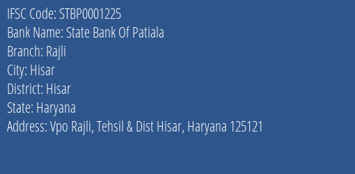 State Bank Of Patiala Rajli Branch Hisar IFSC Code STBP0001225