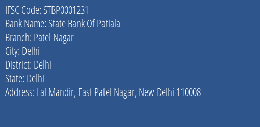 State Bank Of Patiala Patel Nagar Branch Delhi IFSC Code STBP0001231