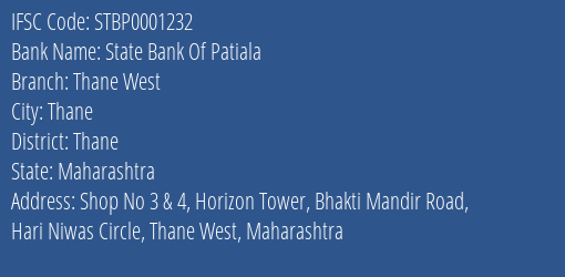 State Bank Of Patiala Thane West Branch, Branch Code 001232 & IFSC Code STBP0001232