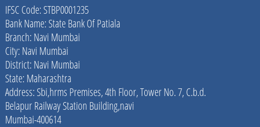 State Bank Of Patiala Navi Mumbai Branch, Branch Code 001235 & IFSC Code STBP0001235