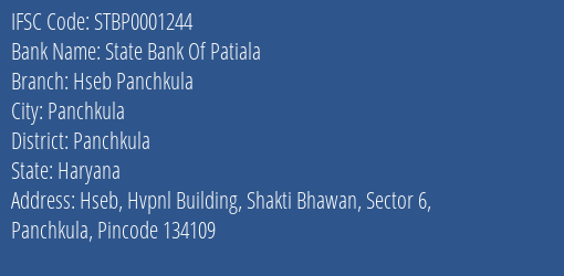 State Bank Of Patiala Hseb Panchkula Branch, Branch Code 001244 & IFSC Code STBP0001244