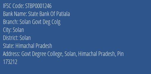 State Bank Of Patiala Solan Govt Deg Colg Branch Solan IFSC Code STBP0001246