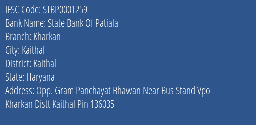 State Bank Of Patiala Kharkan Branch Kaithal IFSC Code STBP0001259