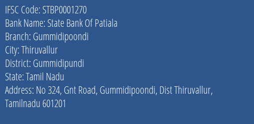 State Bank Of Patiala Gummidipoondi Branch Gummidipundi IFSC Code STBP0001270