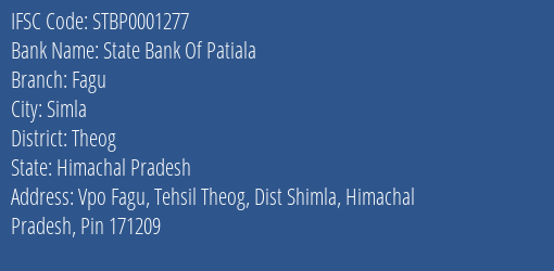 State Bank Of Patiala Fagu Branch Theog IFSC Code STBP0001277