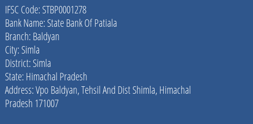 State Bank Of Patiala Baldyan Branch Simla IFSC Code STBP0001278
