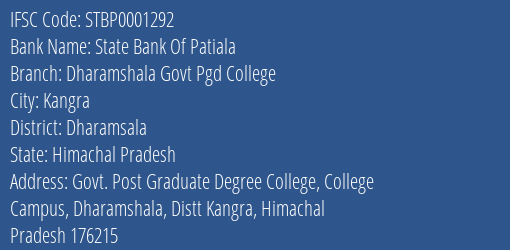 State Bank Of Patiala Dharamshala Govt Pgd College Branch Dharamsala IFSC Code STBP0001292
