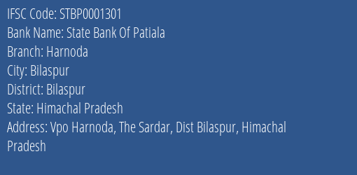 State Bank Of Patiala Harnoda Branch Bilaspur IFSC Code STBP0001301