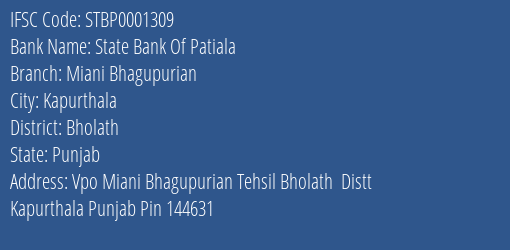 State Bank Of Patiala Miani Bhagupurian Branch Bholath IFSC Code STBP0001309