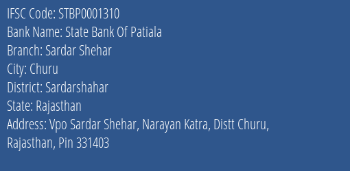 State Bank Of Patiala Sardar Shehar Branch Sardarshahar IFSC Code STBP0001310