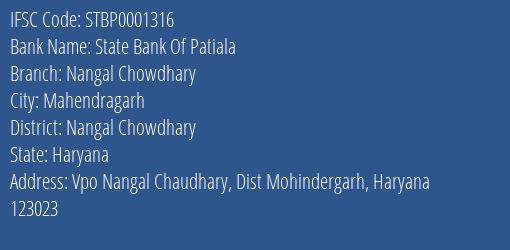 State Bank Of Patiala Nangal Chowdhary Branch Nangal Chowdhary IFSC Code STBP0001316