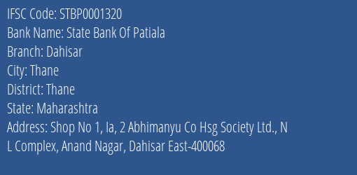 State Bank Of Patiala Dahisar Branch, Branch Code 001320 & IFSC Code STBP0001320