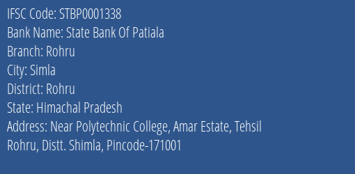 State Bank Of Patiala Rohru Branch Rohru IFSC Code STBP0001338