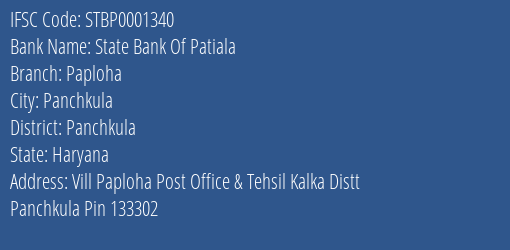 State Bank Of Patiala Paploha Branch, Branch Code 001340 & IFSC Code STBP0001340