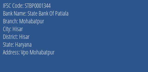 State Bank Of Patiala Mohabatpur Branch Hisar IFSC Code STBP0001344