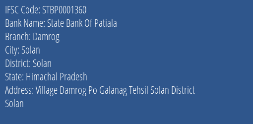 State Bank Of Patiala Damrog Branch Solan IFSC Code STBP0001360
