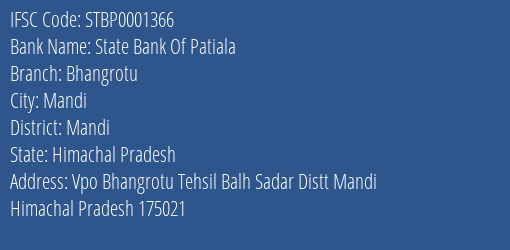 State Bank Of Patiala Bhangrotu Branch Mandi IFSC Code STBP0001366