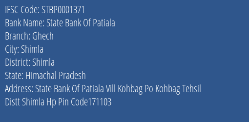 State Bank Of Patiala Ghech Branch Shimla IFSC Code STBP0001371