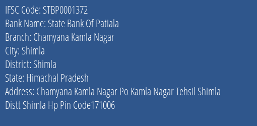 State Bank Of Patiala Chamyana Kamla Nagar Branch Shimla IFSC Code STBP0001372