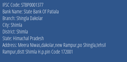 State Bank Of Patiala Shingla Dakolar Branch Shimla IFSC Code STBP0001377