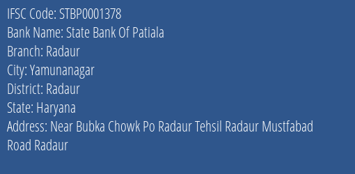 State Bank Of Patiala Radaur Branch Radaur IFSC Code STBP0001378